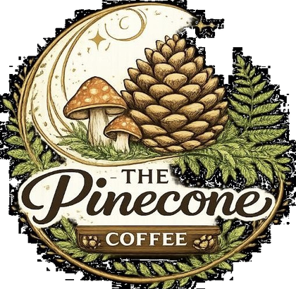 The Pinecone Coffee crest: a crescent moon above a pinecone, framed by ferns